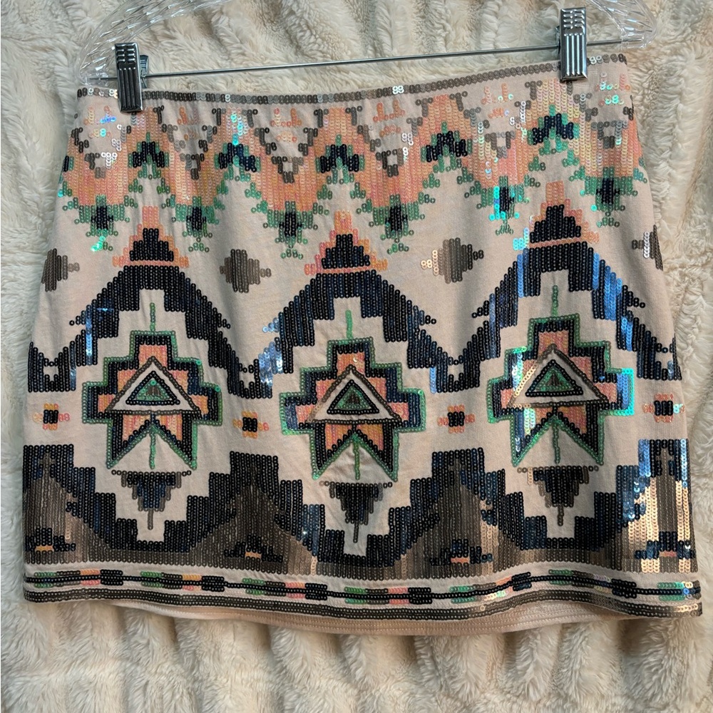 Express  tan with dark blue and Green Sequin Embellished Mini Skirt size medium